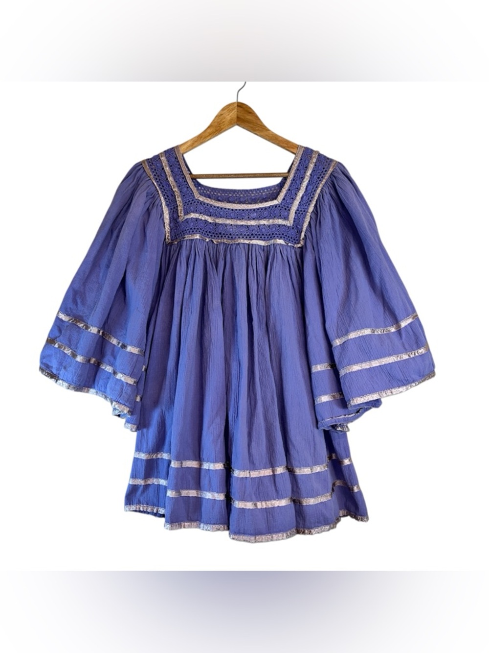 Rare VTG 70’s Vicki Wayne Purple Boho Square Neck Mexican Gauze Angel Sleeve Top